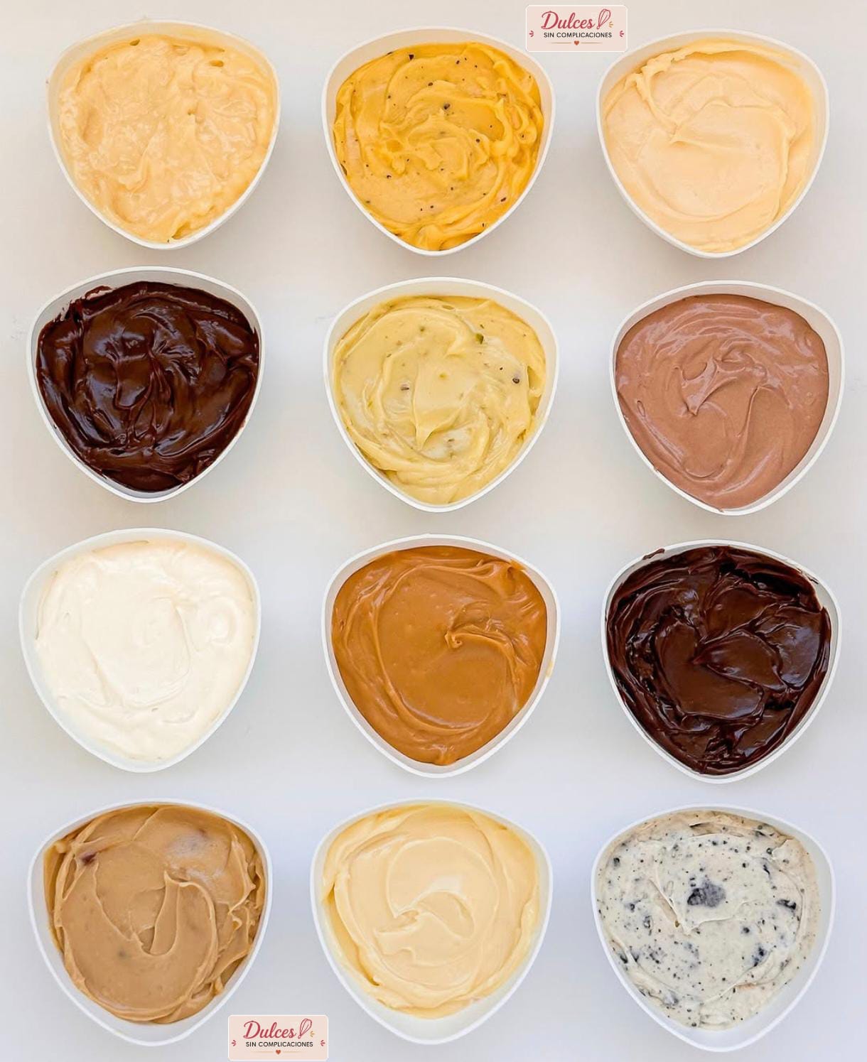 Doce tazones con rellenos cremosos de dulce de leche, chocolate, vainilla, maracuyá y galleta